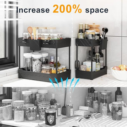 Sevenblue 2 Pack Under Sink Organizer, Under Bathroom Cabinet Organizer with Hooks Hanging Cup, Multi-Purpose Storage Shelf for Kitchen Bathroom, Black - Image 2
