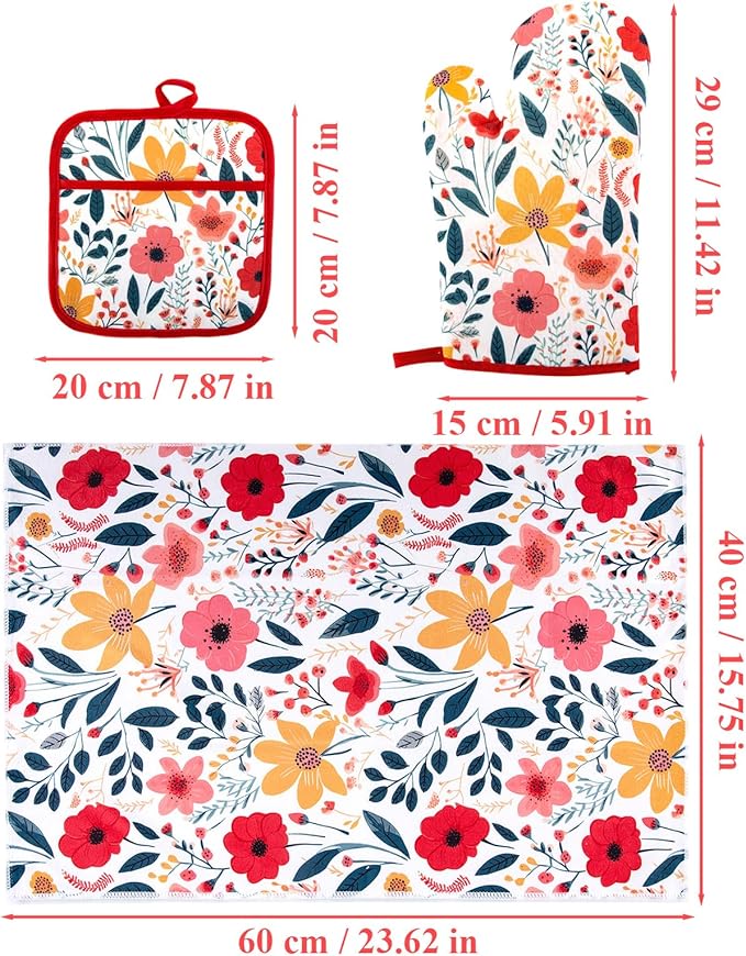 4 Pcs Kitchen Stuff, Wild Floral Kitchen Oven Mitts, Pot Holders Sets with Microfiber Kitchen Towels,Kitchen Accessories, Gifts for Women