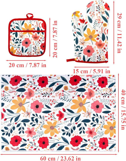 4 Pcs Kitchen Stuff, Wild Floral Kitchen Oven Mitts, Pot Holders Sets with Microfiber Kitchen Towels,Kitchen Accessories, Gifts for Women