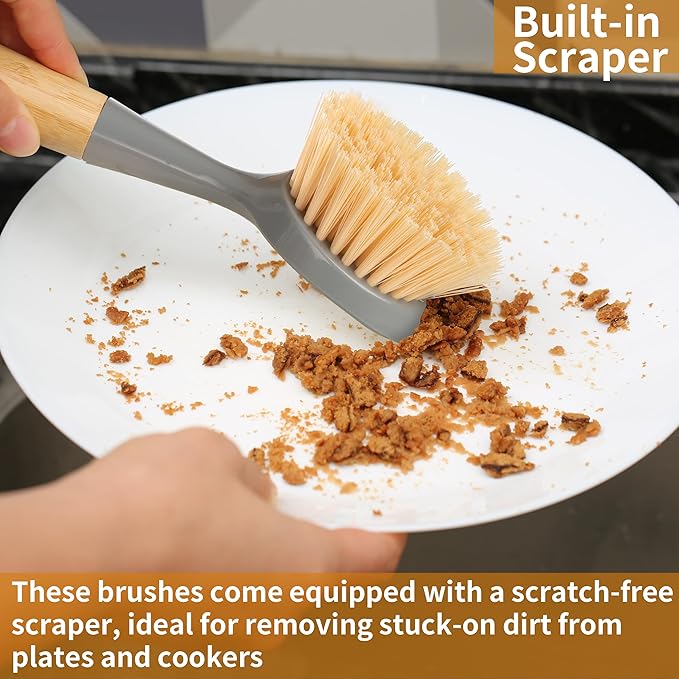 2 Pack Kitchen Dish Brush Bamboo Handle Dish Scrubber Built-in Scraper, Scrub Brush for Pans, Pots, Kitchen Sink Cleaning, Dishwashing and Cleaning Brushes are Perfect Cleaning Tools, Color-Gray - Image 5