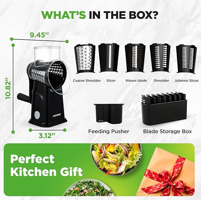 NutriChef 5 in 1 Cheese Grater & Shredder | 5 Different Blades for Thin, Thick, Julienne Strips, Wavy, & Straight Strips | Includes Hand Crank, Strong Suction Base & Storage Container | Black - Image 8