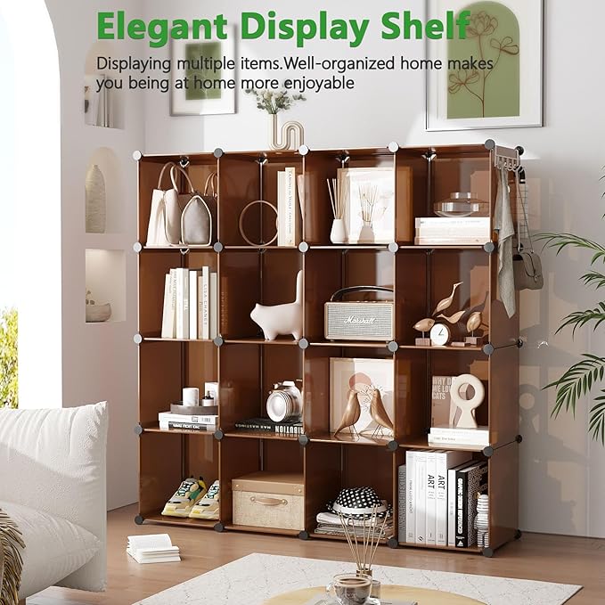 C&AHOME 16-Cube Storage Organizer, Plastic Shelves Units, DIY Closet Organizer, Modular Shelves Ideal for Home, Bedroom, 48.4" L 12.4" W 48.4" H Brown UPCS16C - Image 9