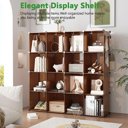 C&AHOME 16-Cube Storage Organizer, Plastic Shelves Units, DIY Closet Organizer, Modular Shelves Ideal for Home, Bedroom, 48.4" L 12.4" W 48.4" H Brown UPCS16C - Image 9