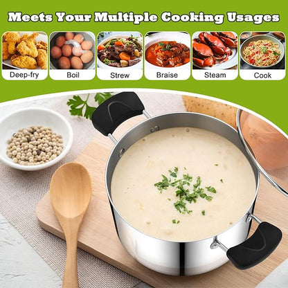 5 Quart 3-Ply Cooking Stock Pot with Lid, P&P CHEF Stainless Steel Large Pot for Pasta Soup, Work on Multi Stove, Heavy Duty & Dishwasher Safe, Dual Heat-resistant Handles & Brown Glass Lid - Image 5