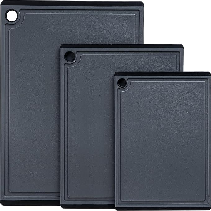 Kikcoin Plastic Cutting Boards for Kitchen, 3-Piece Large Cutting Board Set Dishwasher Safe Chopping Boards with Non-slip Feet and Juice Grooves, Gray by Kikcoin