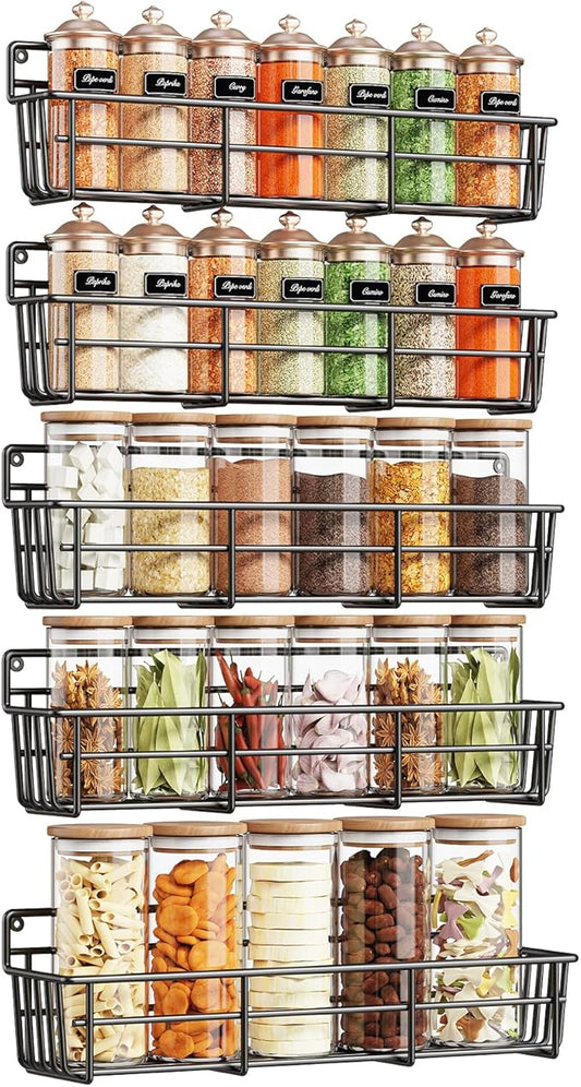 Mystozer 5 Pack Spice Rack Seasoning Organizer Wall Mount, Screw or Adhesive Hanging Shelf Basket Spice Organizer Shelf for Kitchen, Black by Mystozer