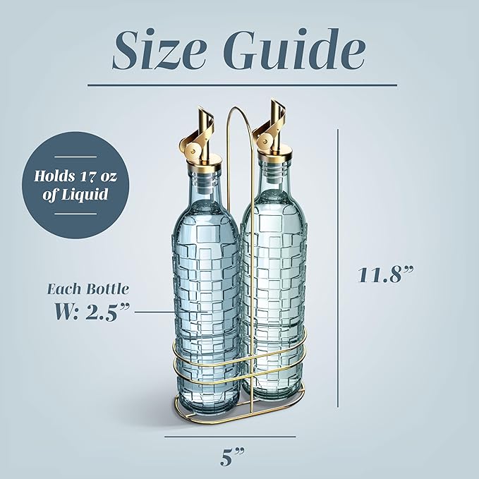 COOK WITH COLOR Glass Olive Oil Bottle Dispenser - 2 Pack- 17oz Oil and Vinegar Cruet - Olive Oil Carafe Decanter for Kitchen, Checkered, Blue - Image 5