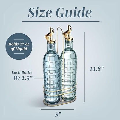 COOK WITH COLOR Glass Olive Oil Bottle Dispenser - 2 Pack- 17oz Oil and Vinegar Cruet - Olive Oil Carafe Decanter for Kitchen, Checkered, Blue - Image 5