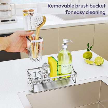 SWTYMIKI Sink Caddy Sponge Holder - Kitchen Sink Organizer with Stainless Steel Self Drain Tray & High Brush Holder for Countertop to Hold Dish Soaps and Sponges, Stainless Steel, Silver - Image 5