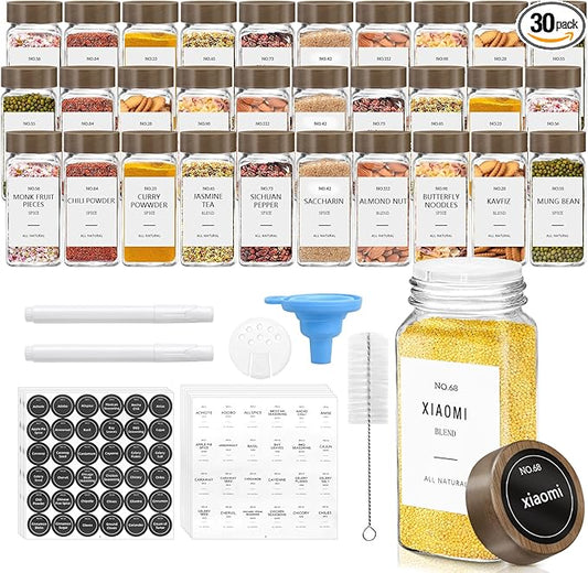 ZEHIQ 30Pcs 4oz Square Glass Spice Jars with Moisture-Proof Acacia Wood Lids, Food-Grade Seasoning Containers with Shaker Lids, 348 Labels, Markers, Funnel & Brush for Pantry Cabinet Drawer Storage