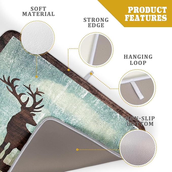 Giwawa Retro Deer Forest Cabin Silhouette Dish Drying Mat Countertop 18x24 Fall Blue Sky Cloud Cartoon Elk Wild Animal Bushes Drainer Mat Pine Tree Grass Dishes Pad Rustic Moose Dish Drainer Rack