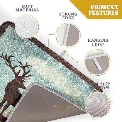 Giwawa Retro Deer Forest Cabin Silhouette Dish Drying Mat Countertop 18x24 Fall Blue Sky Cloud Cartoon Elk Wild Animal Bushes Drainer Mat Pine Tree Grass Dishes Pad Rustic Moose Dish Drainer Rack