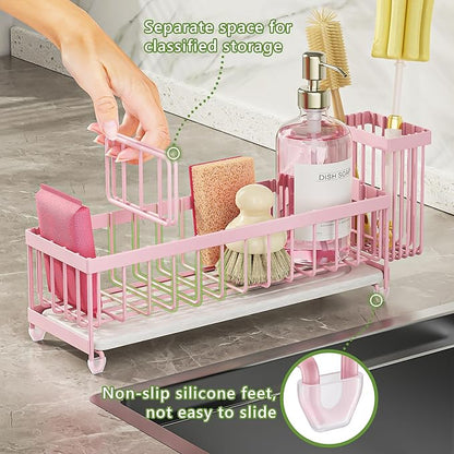 Cisily Extra Large Sink Caddy Organizer with Drying Stone, Pink Sponge Holder for Kitchen, Dish Brush Holder for Countertop, Kitchen Decor Storage and Essentials - Image 6