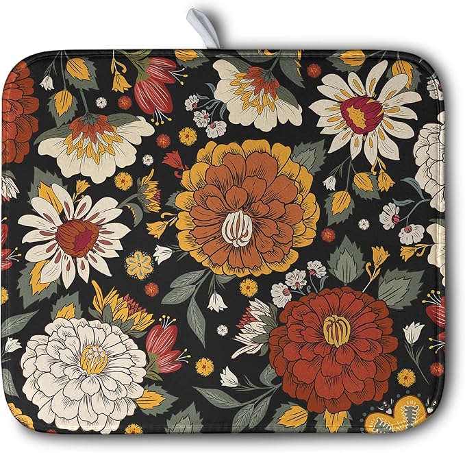 Vintage Floral Dish Drying Mat for Kitchen Counter Retro Sunflower Floral Absorbent Microfiber Dry Dish Mat Reversible Washable Dish Drainer Rack Mat 16x18 Inch by Kwlegh