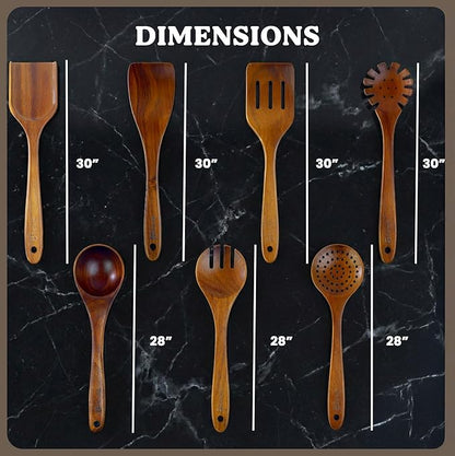 7Pcs Wooden Kitchen Utensil Set, Premium Natural Acacia Wood Cooking Utensils for Nonstick Cookware, Spoon Spatula Turner Ladle Skimmer Pasta Server, BPA Free