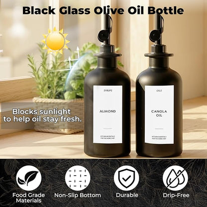3PCS Olive Oil Dispenser Bottle For Kitchen, Soy Sauce Dispenser, Dark Glass Bottles for Oil and Vinegar Dispenser Set W. Wooden Tray & Labels & 3 Replacement Spouts, Coffee Syrup Dispenser(Black) - Image 3