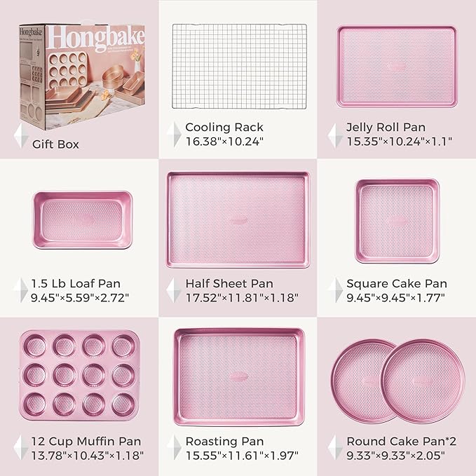 HONGBAKE 9-Piece Baking Pans Set Nonstick, Stackable Non Toxic Bakeware Sets with Diamond Texture, Oven Pan Set for Cooking, Includes Cookie Sheet with Rack, Cake Pan, Roasting Pan, Muffin Tin, Pink - Image 6