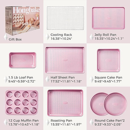 HONGBAKE 9-Piece Baking Pans Set Nonstick, Stackable Non Toxic Bakeware Sets with Diamond Texture, Oven Pan Set for Cooking, Includes Cookie Sheet with Rack, Cake Pan, Roasting Pan, Muffin Tin, Pink - Image 6