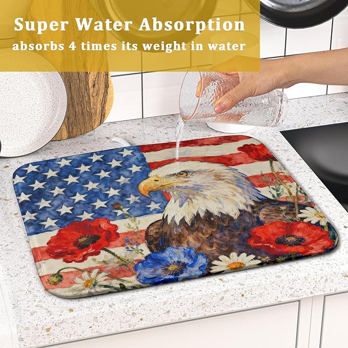 4th of July American Flag Eagle Dish Drying Mat for Kitchen Counter 16x18 Patriotic Floral Memorial Day Absorbent Reversible Microfiber Drying Mats Kitchen Countertop Protector Dishes Drainer Pad - Image 7