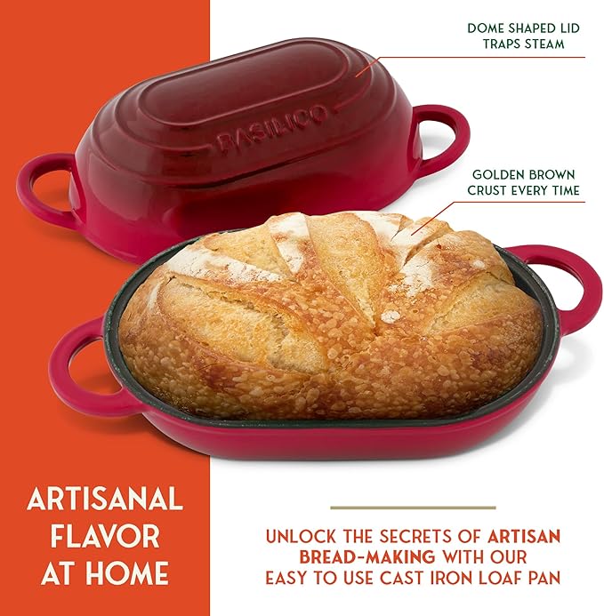 Enameled Cast Iron Bread Oven 2 Qt (Red), Non-Stick Single Loaf Cast Iron Bread Pan with Lid, Easy Homemade Sourdough Dutch Oven, Oven-Safe Artisan Bread Baking Pan