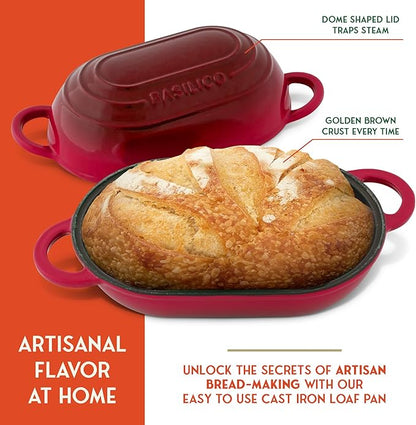 Enameled Cast Iron Bread Oven 2 Qt (Red), Non-Stick Single Loaf Cast Iron Bread Pan with Lid, Easy Homemade Sourdough Dutch Oven, Oven-Safe Artisan Bread Baking Pan