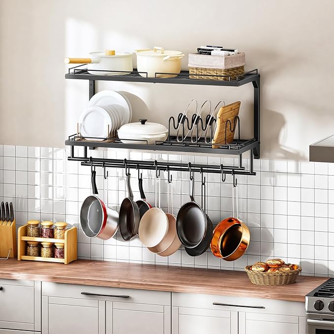 CHOEZON Pot Rack, Wall Mounted Pan Holder, 2-Tier Pot and Pan Organizer, Pot Hanger with 10 S-Shaped Hooks, Cookware Organizer with 5 Removable Metal Wire Dividers, Black TPR35BB - Image 3