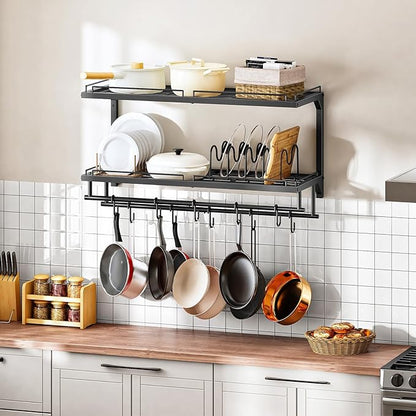 CHOEZON Pot Rack, Wall Mounted Pan Holder, 2-Tier Pot and Pan Organizer, Pot Hanger with 10 S-Shaped Hooks, Cookware Organizer with 5 Removable Metal Wire Dividers, Black TPR35BB - Image 3