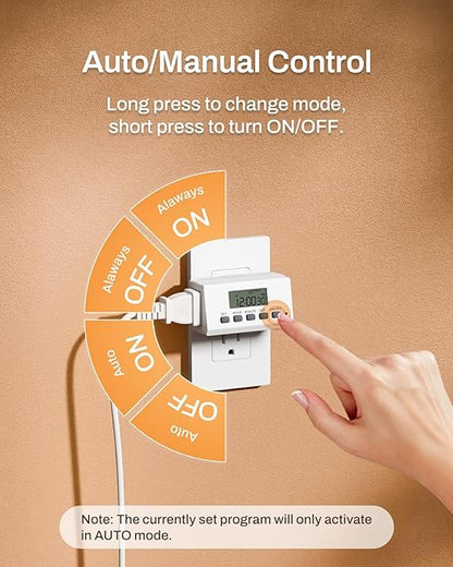 BN-LINK Indoor Digital Timer Outlet,24 Hour Light Timer Easy Programmable,Mini 2 Prong Plug in Timers for Electrical Outlets,Lamps,Fans,2 On/Off Programs,2 Pack,15A/1875W, ETL Listed - Image 4