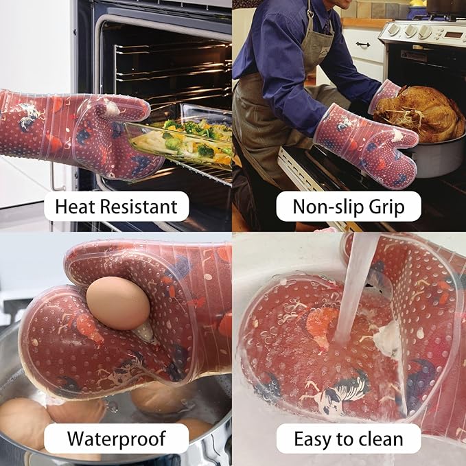 Oven Mitts Set of 2 with Transparent Clear Silicone Shell and Nice Shell Flower Cotton Lining, Heat Resistant to 500 F Kitchen Oven Gloves Pot Holder for Cooking (Rooster, Oven Mitts) - Image 5