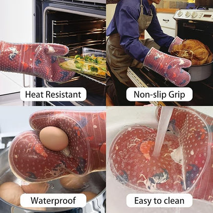 Oven Mitts Set of 2 with Transparent Clear Silicone Shell and Nice Shell Flower Cotton Lining, Heat Resistant to 500 F Kitchen Oven Gloves Pot Holder for Cooking (Rooster, Oven Mitts) - Image 5