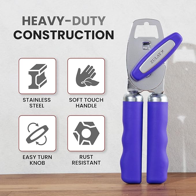 Zulay Kitchen Heavy Duty Stainless Steel Can Opener Manual with Bottle Opener - Rust Proof Manual Can Opener With Turn Knob & Comfy Soft Grip Handles - Purple - Image 3