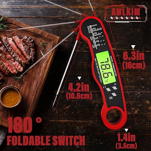 AWLKIM 2Pack Digital Meat Thermometer with Doneness Chart, 2-Sec Instant Read Food Thermometer for Cooking, Grilling, Oven, Air Fryer - Waterproof Backlit Magnetic Flip Probe - Red - Image 3