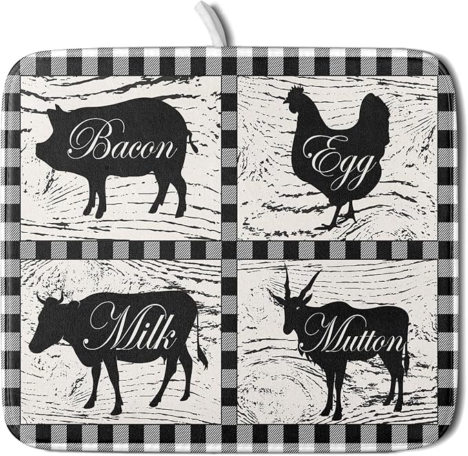 Farmhouse Animal Dish Drying Mat Buffalo Plaid Drainer Rack Mats Fast Dry Absorbent Kitchen Countertop Protector Dishes Pad 16x18 Inch