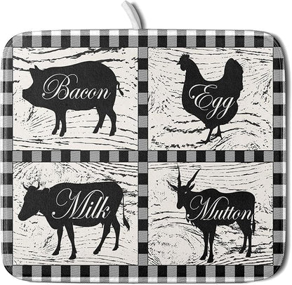 Farmhouse Animal Dish Drying Mat Buffalo Plaid Drainer Rack Mats Fast Dry Absorbent Kitchen Countertop Protector Dishes Pad 16x18 Inch