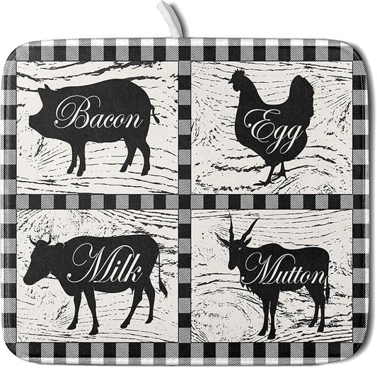 Farmhouse Animal Dish Drying Mat Buffalo Plaid Drainer Rack Mats Fast Dry Absorbent Kitchen Countertop Protector Dishes Pad 16x18 Inch