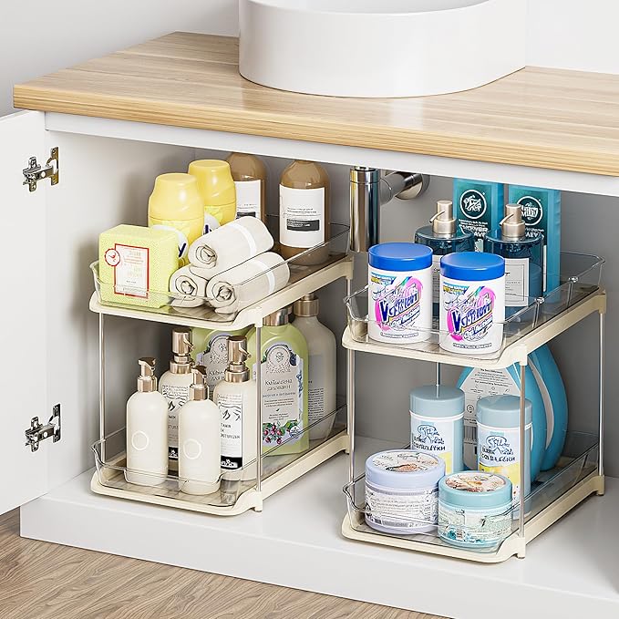 Delamu 2-Tier Multi-Purpose Bathroom Under Sink Organizers and Storage, Stackable Kitchen Pantry Organization, Pull Out Medicine Cabinet Organizer with Movable Dividers, Beige, 4 Pack - Image 5