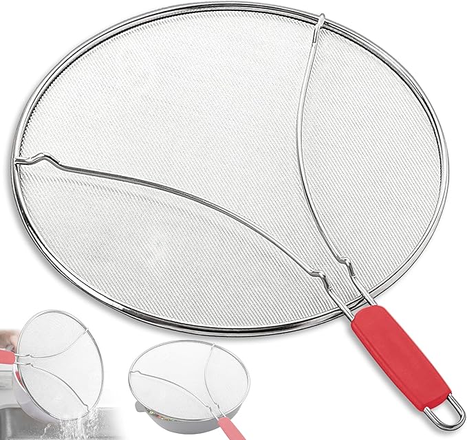Splatter Screen for Frying Pan & Food Strainer,13 Inch Stainless Steel Grease Splatter Guard,Shield from Splashing Oil, Dishwasher Safe(Red) by PLACHIDAY