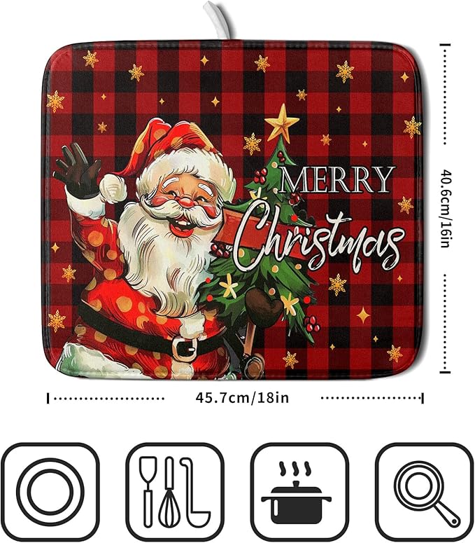 Merry Christmas Santa Claus Red Buffalo Plaid Dish Drying Mat for Kitchen Counter,Winter Snowflake Xmas Tree Drying Mat 16 x 18 Inch with Absorbent Reversible Microfiber Dish Drying Pad for Coffee Bar - Image 2