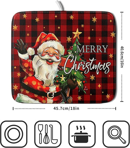 Merry Christmas Santa Claus Red Buffalo Plaid Dish Drying Mat for Kitchen Counter,Winter Snowflake Xmas Tree Drying Mat 16 x 18 Inch with Absorbent Reversible Microfiber Dish Drying Pad for Coffee Bar - Image 2