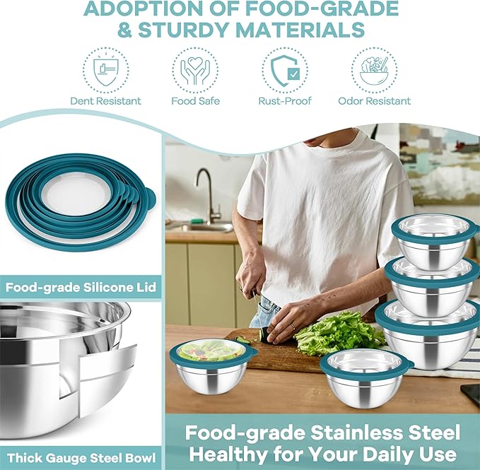 TeamFar Mixing Bowls Set, 4.5/3/1.5/1/0.7 QT Stainless Steel Nesting Salad Bowls with Visible Lids, For Serving Mixing, Non-Toxic & Heavy Duty, Airtight & Easy Clean, Dark Blue, Set of 5 - Image 6