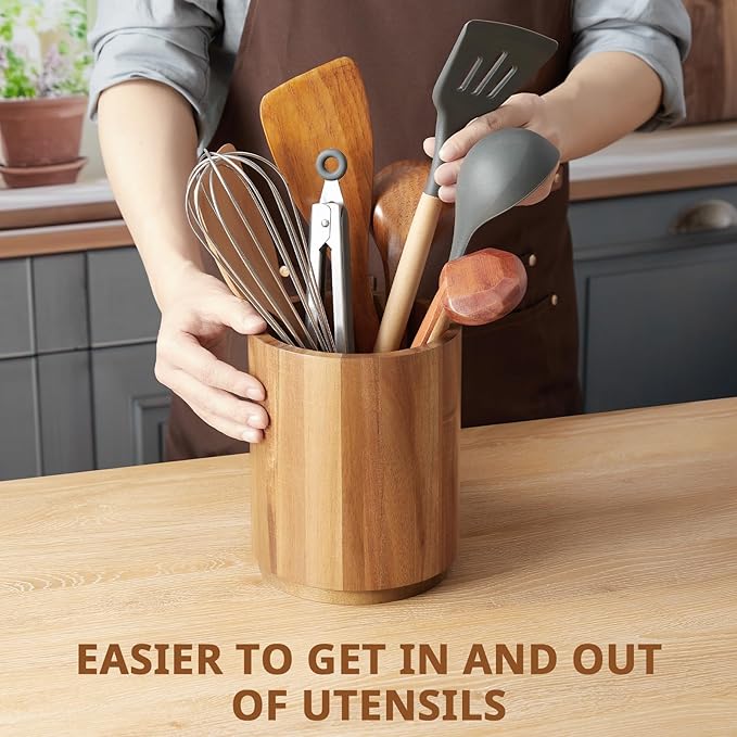 Bivvclaz Acacia Wood Utensil Holder, 360°Rotating 7.2" Utensil Holder for Kitchen Counter, Large Kitchen Utensil Holder, Cooking Utensil Crock for Countertop, Farmhouse Kitchen Decor and Accessories - Image 5