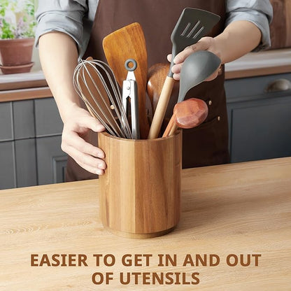 Bivvclaz Acacia Wood Utensil Holder, 360°Rotating 7.2" Utensil Holder for Kitchen Counter, Large Kitchen Utensil Holder, Cooking Utensil Crock for Countertop, Farmhouse Kitchen Decor and Accessories - Image 5