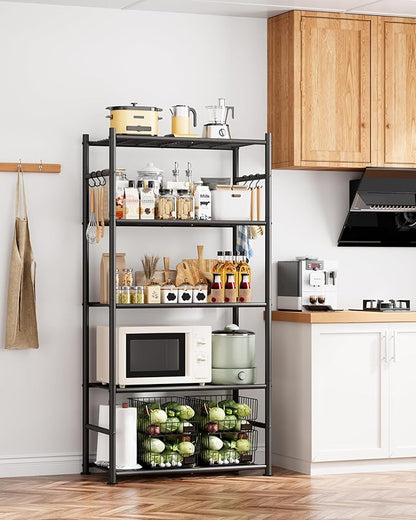 Sakugi Storage Shelves - 5-Tier Large Capacity Shelf Organizer with Hooks, Heavy-Duty Garage Shelving with Leveling Feet, Wobble-Free Rack for Bedroom, Balcony, Garage, 23.6"×13.7"×59", White - Image 2