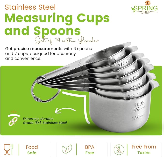 Spring Chef Stainless Steel Measuring Cups and Spoons Set of 14 with Leveler, Nesting Kitchen Metal Measuring Cups and Spoons Set for Dry and Liquid Ingredients, Perfect for Cooking & Baking - Image 4