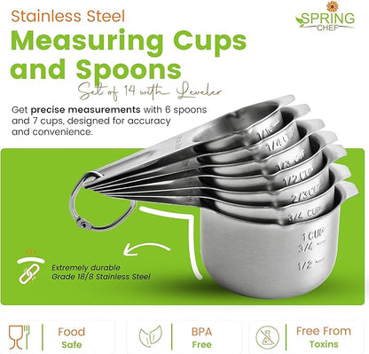 Spring Chef Stainless Steel Measuring Cups and Spoons Set of 14 with Leveler, Nesting Kitchen Metal Measuring Cups and Spoons Set for Dry and Liquid Ingredients, Perfect for Cooking & Baking - Image 4