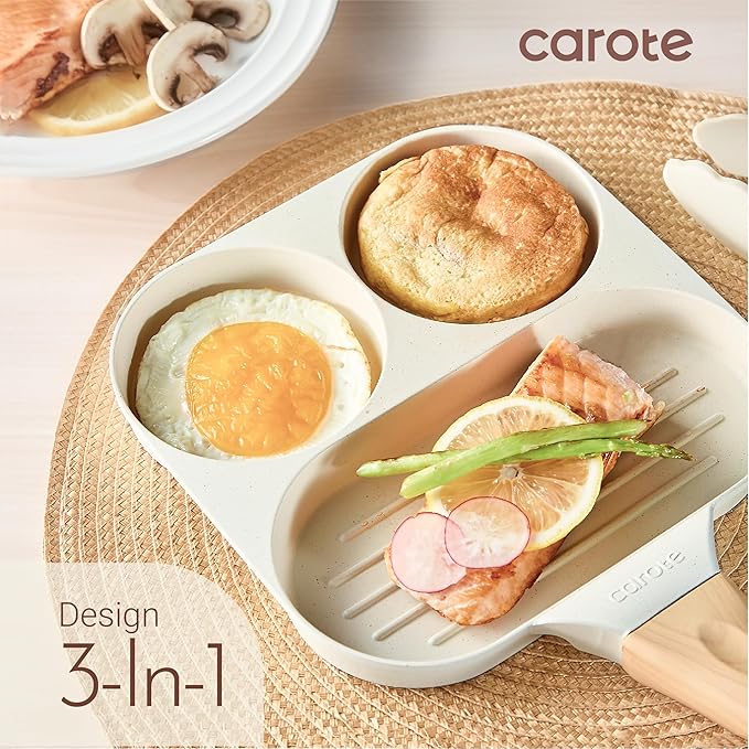 CAROTE Egg Pan Omelette Pan, 3-In-1 Divided Nonstick Grill Pan, Pancake Pan and Healthy Egg CookerSuitable for Gas Stove & Induction Cookware, White Granite - Image 3