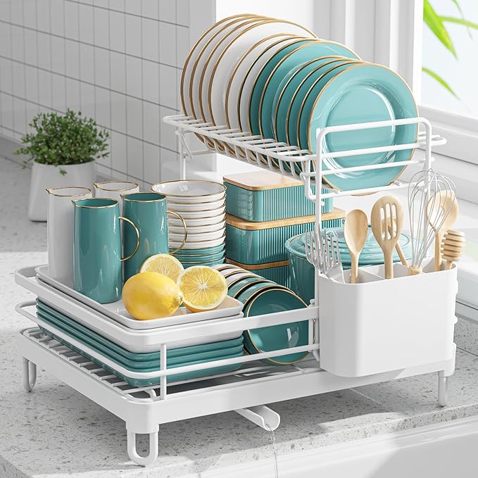 Sakugi Dish Drying Rack - X-Large Stainless Steel Dish Rack for Kitchen Counter, 2-Tier Kitchen Organizers and Storage for Dishes, Bowls, Cutlery, White by Sakugi