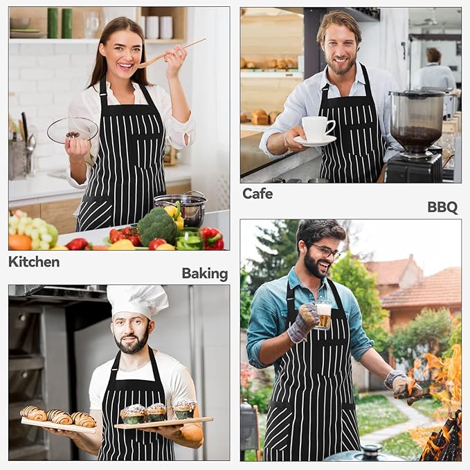 NLUS 2 Pack Cooking Aprons for Women with Pockets Adjustable Kitchen Bib Aprons for Women Men Chef, Black/White Stripe (Black/White Stripes) - Image 7