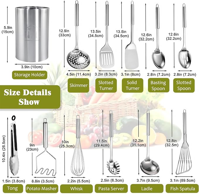 Stainless Steel Kitchen Utensils Set - 12pcs Cooking Utensils Set with Holder, Heat Resistant Kitchen Tool Set for Cooking with Turners, Potato Masher, Spatula, Spoons, Tongs, Whisk - Image 7
