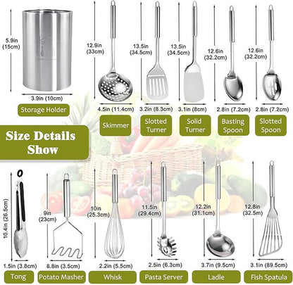 Stainless Steel Kitchen Utensils Set - 12pcs Cooking Utensils Set with Holder, Heat Resistant Kitchen Tool Set for Cooking with Turners, Potato Masher, Spatula, Spoons, Tongs, Whisk - Image 7